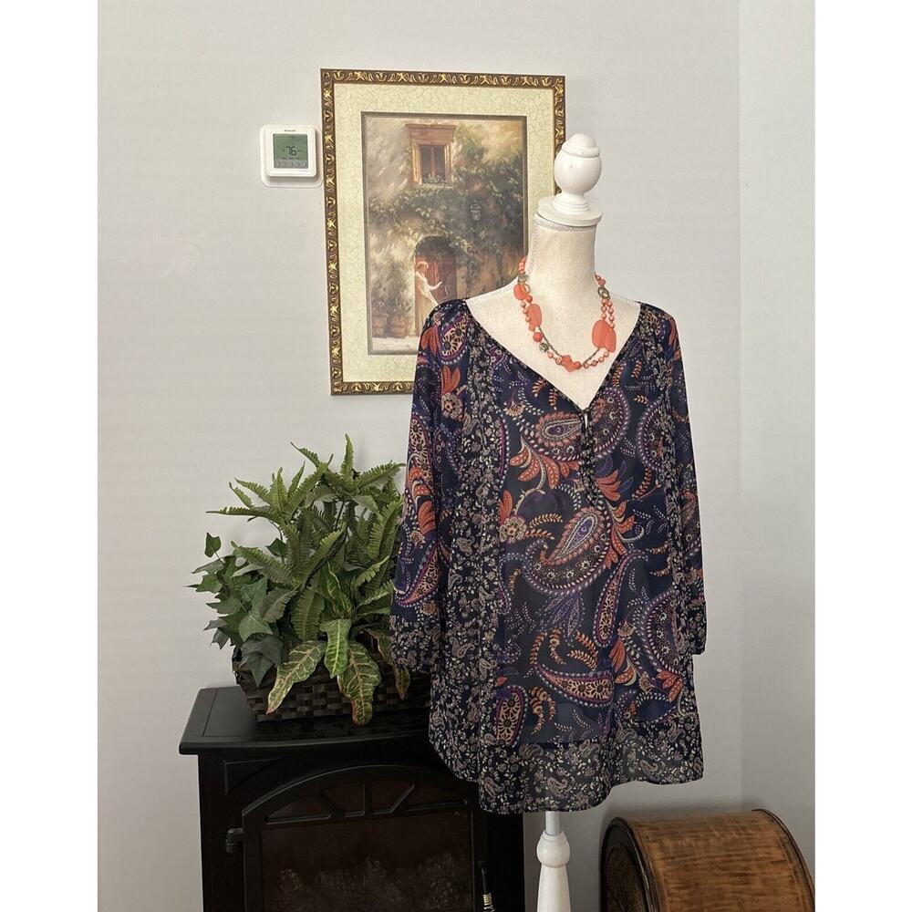 Chaps Women's Blouse 3/4 Sleeve See through XL Multicolor Paisley V-neck‎